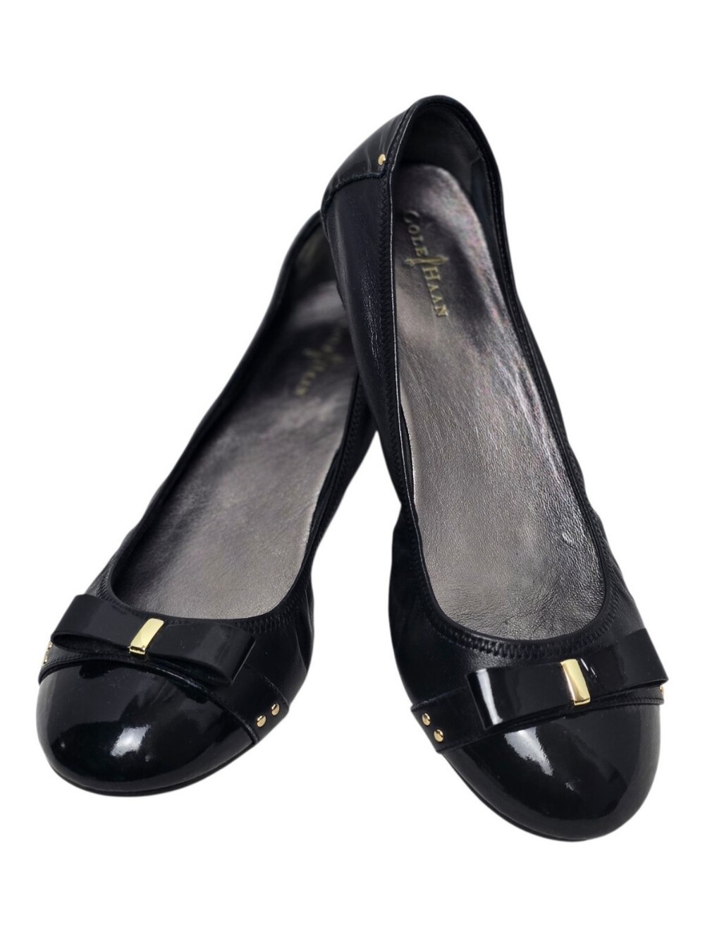 Cole Haan Black Patent Cap Toe Ballet Flats Bow & Gold-Tone Detail Classic 9 1/2